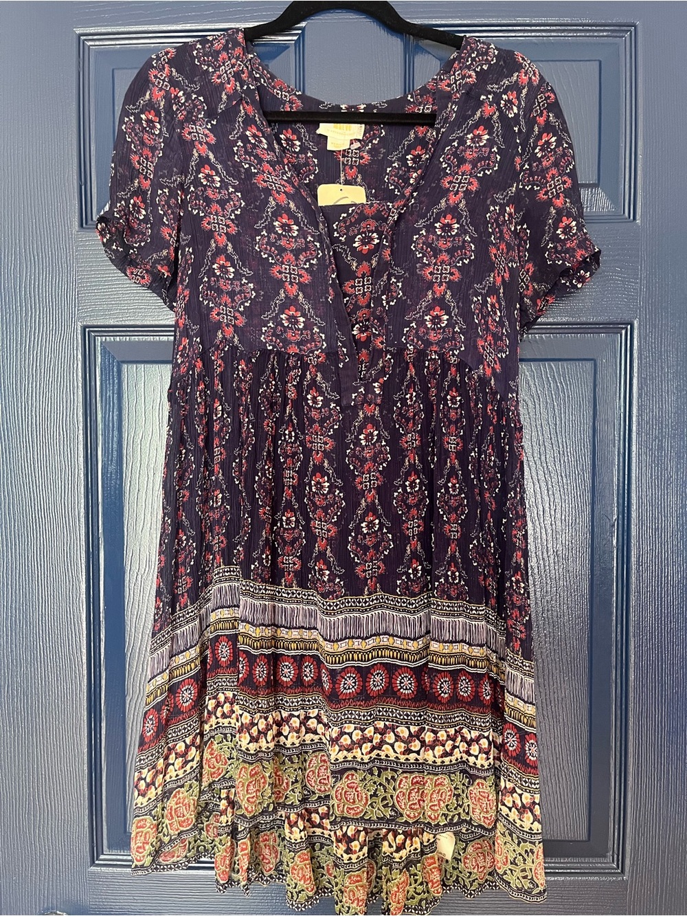 Maeve by Anthropologie Navy Tunic Dress with Pink and Cream Paisley Border